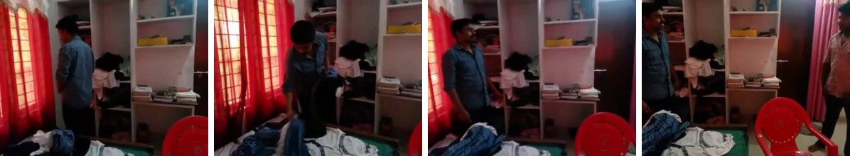 Four frames of MVBench item action_prediction_88: a person sorts clothes and a blanket in a bedroom while another person walks in.