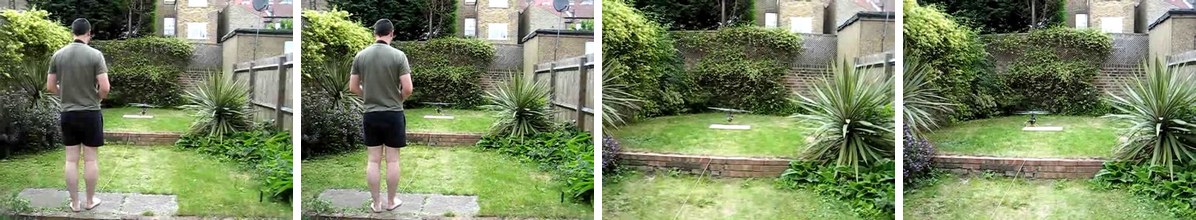 Four frames of NExT-QA item 7426: a man stands on a garden lawn facing a small drone, which later rests on a white platform.