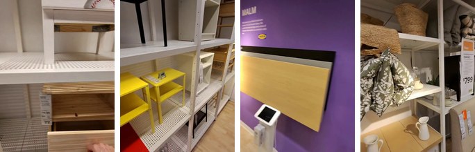 Four first-person frames of S-EMBER item 3823 in a furniture store: a nightstand drawer, shelves of furniture, and price tags.